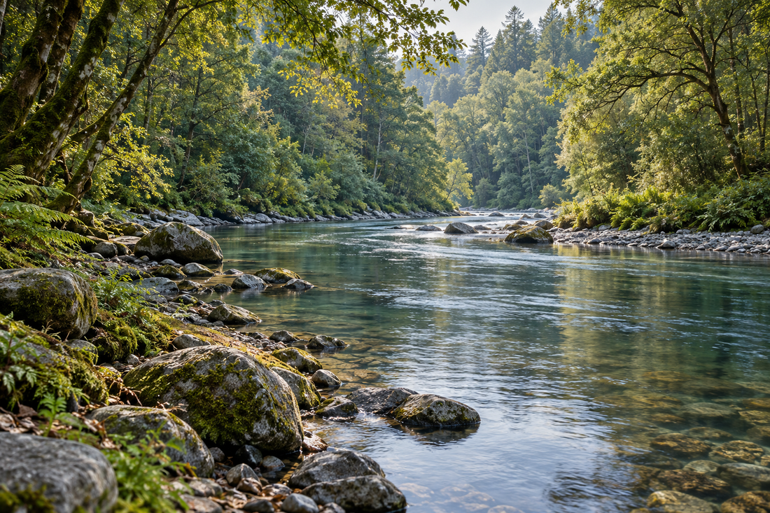 Freshwater river flowing through woodland