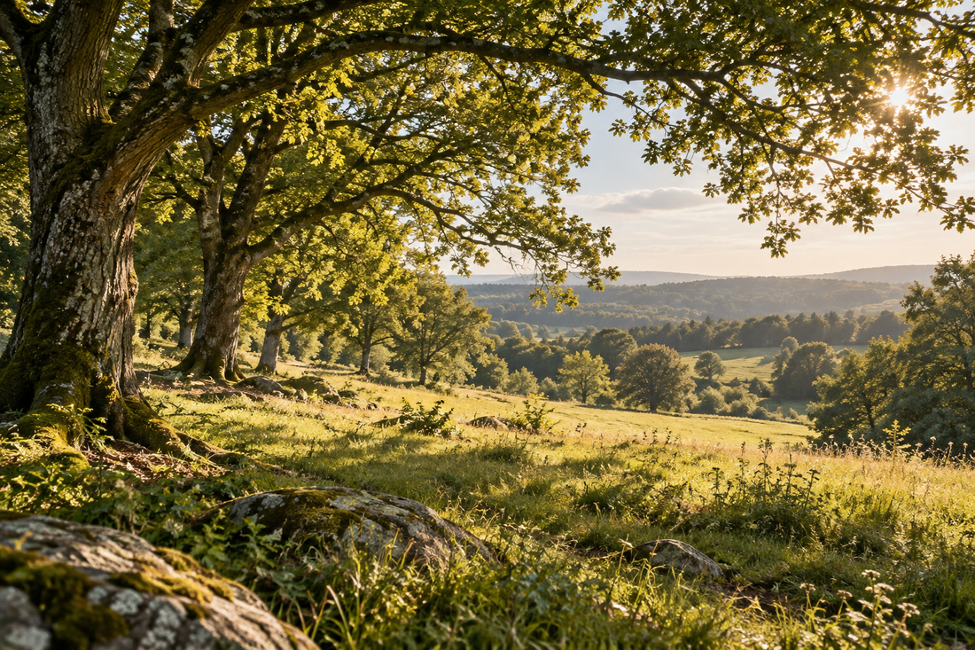 Sunlight and shade at the edge of a woodland meadow